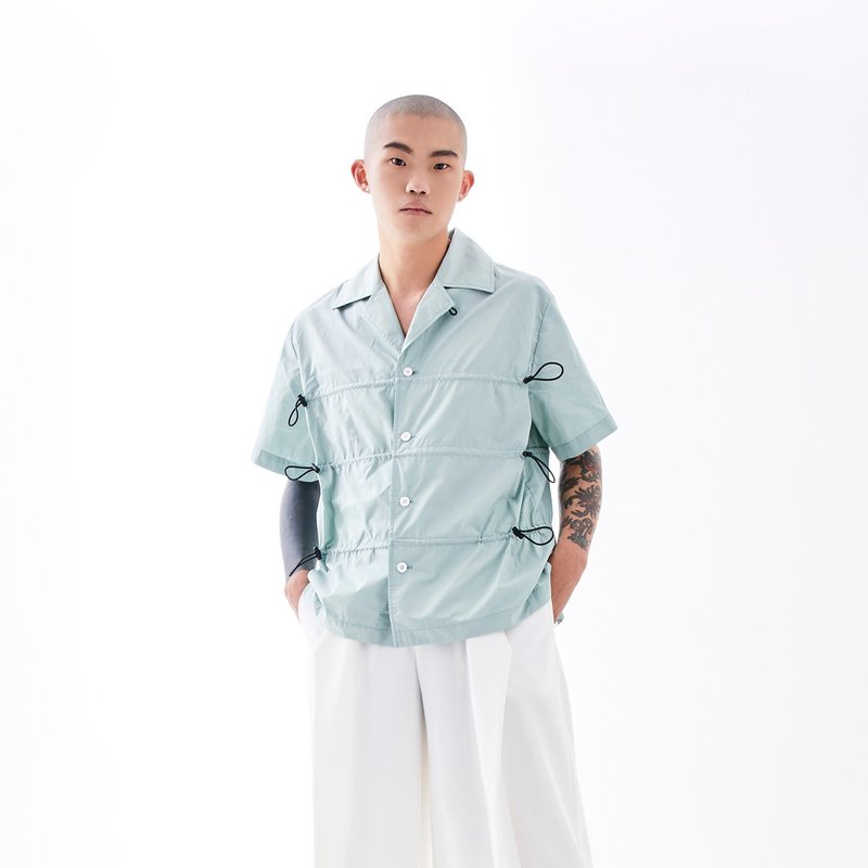 Drawstring Short-Sleeved Shirt - เสื้อเชิ้ตผู้ชาย - ผ้าฝ้าย/ผ้าลินิน สีเขียว