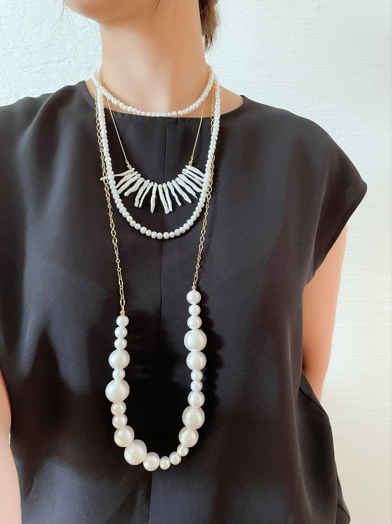 Cotton Pearl Long necklace - สร้อยคอ - ผ้าฝ้าย/ผ้าลินิน ขาว