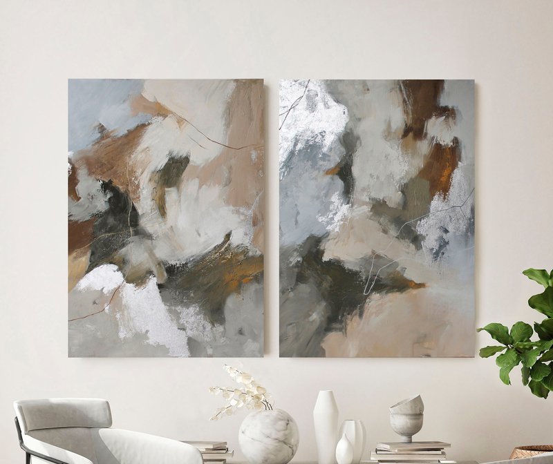 Taupe Painting Set of 2 | Taupe Abstract Art | Taupe Wall Art | Velor set - 壁貼/牆壁裝飾 - 棉．麻 咖啡色