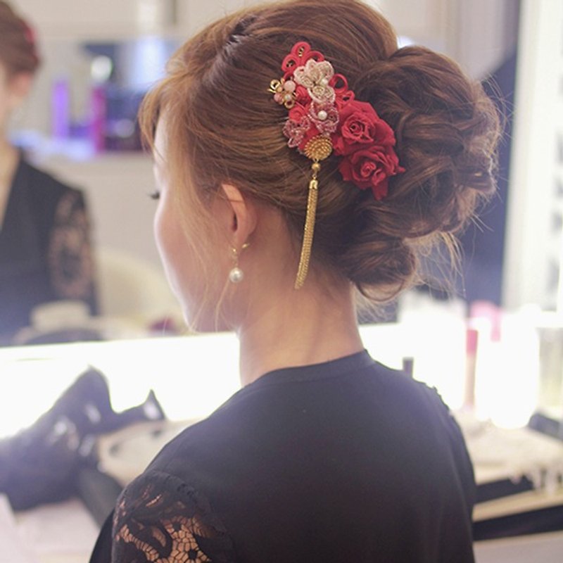 手工新娘中式頭飾 - 串珠花型款, 中式頭飾, 新娘花飾, 新娘飾品 - 髮飾 - 其他材質 紅色