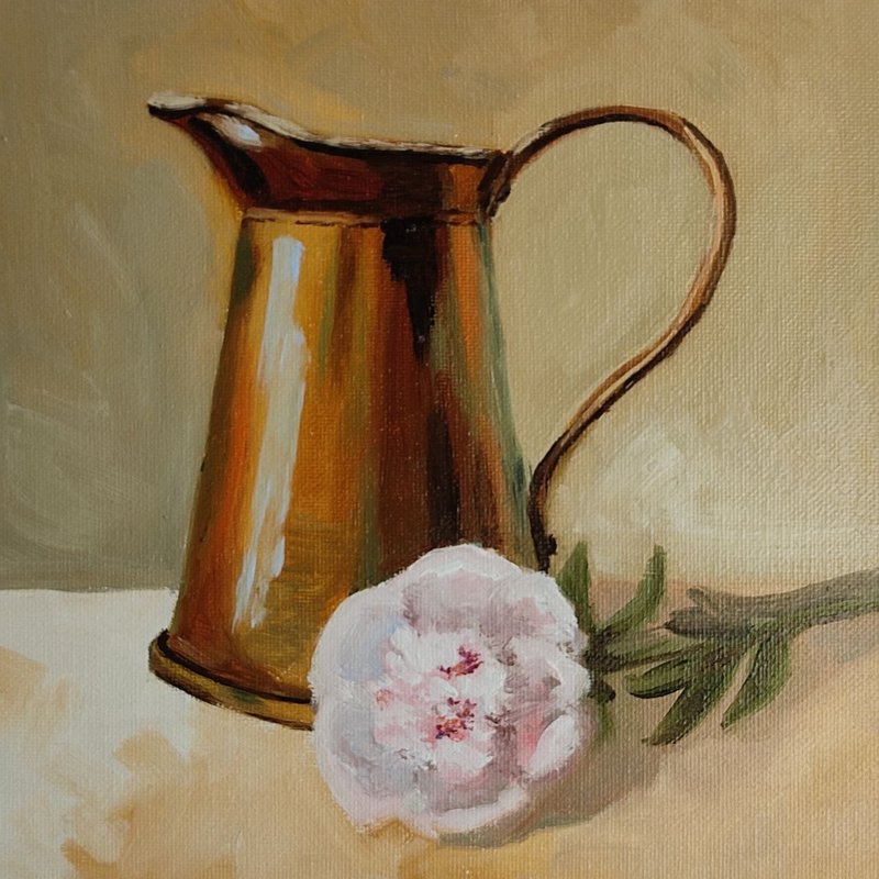 Copper coffee pot pink peony painting original oil art still life 20 by 20 cm - โปสเตอร์ - วัสดุอื่นๆ สึชมพู