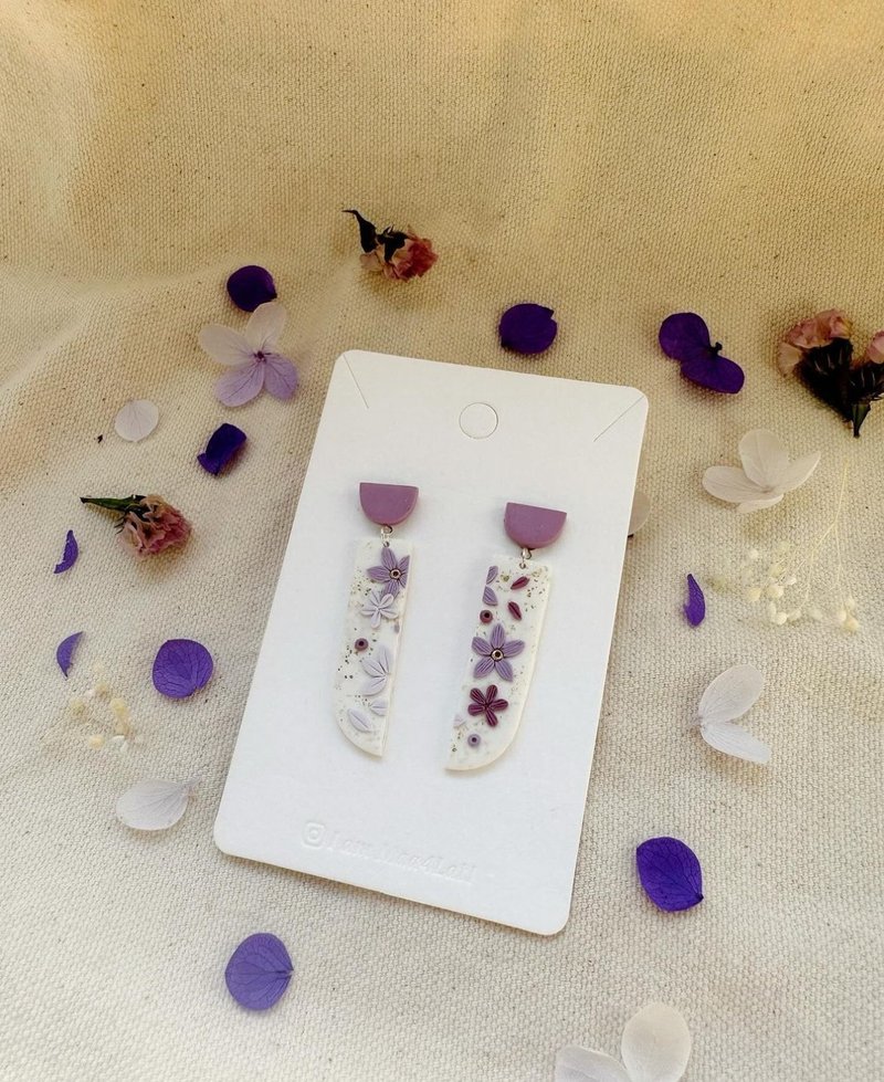 Handmade soft clay purple flower hanging earrings - Earrings & Clip-ons - Other Materials 