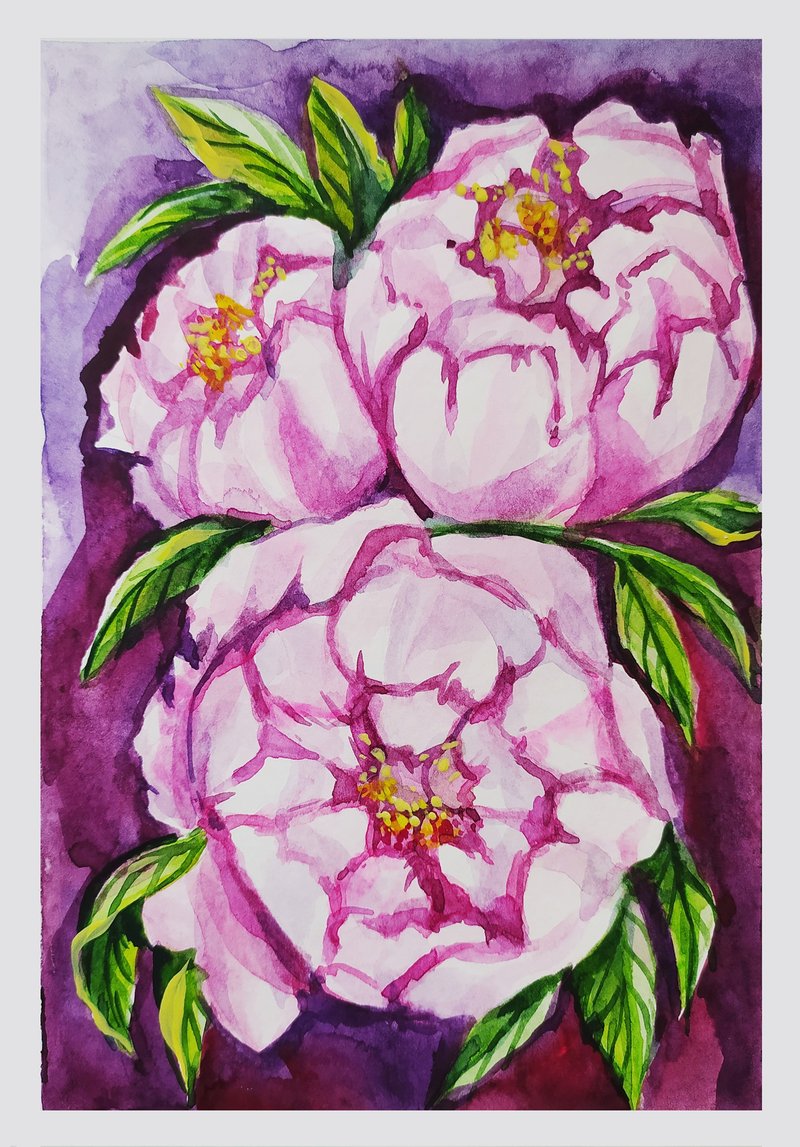 Bouquet of peonies summer flowers watercolor painting original art flowers pink - 壁貼/牆壁裝飾 - 紙 粉紅色