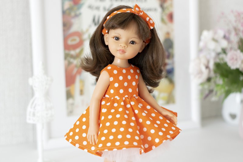 Orange Polka Dot dress for 13 inches doll Paola Reina, Siblies, Little Darling - ตุ๊กตา - ผ้าฝ้าย/ผ้าลินิน สีส้ม