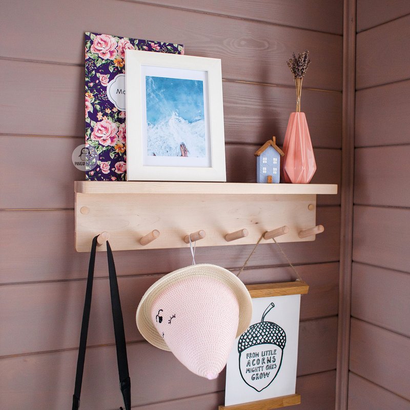 Wooden Peg Rail with Shelf for Kids Room or Hollway, Nursery Wall Clothes Rack - 衣架/衣帽架/掛勾 - 木頭 