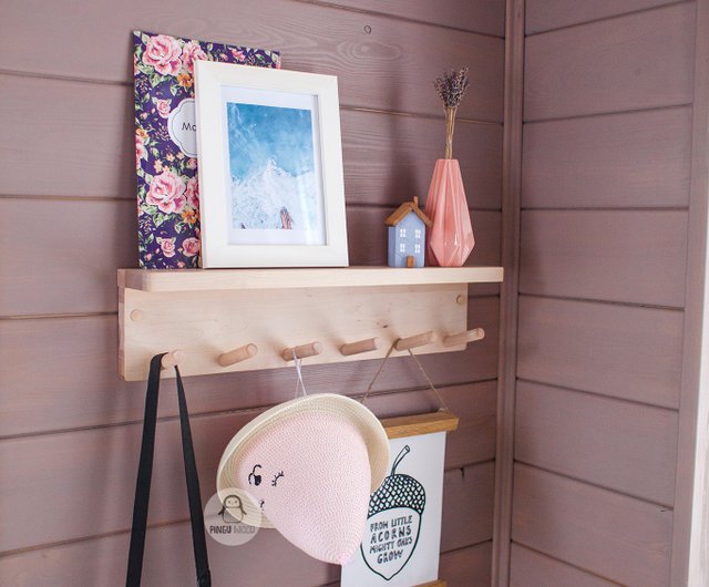 Wooden Peg Rail with Shelf for Kids Room or Hollway Nursery Wall