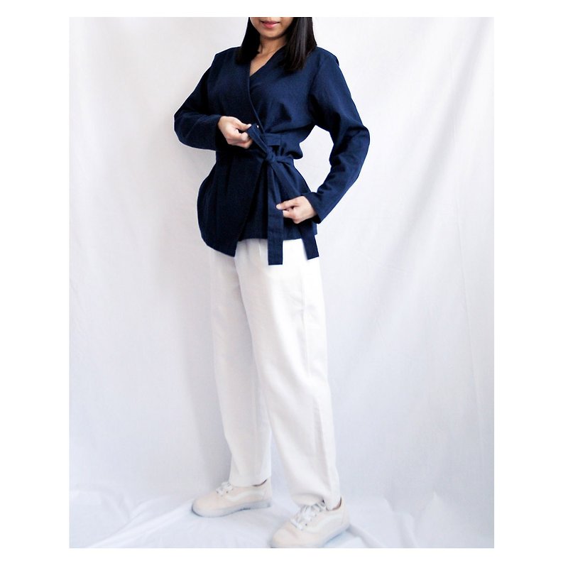 Yukata-style Soft Cotton Tie-Waist Jacket (Navy)