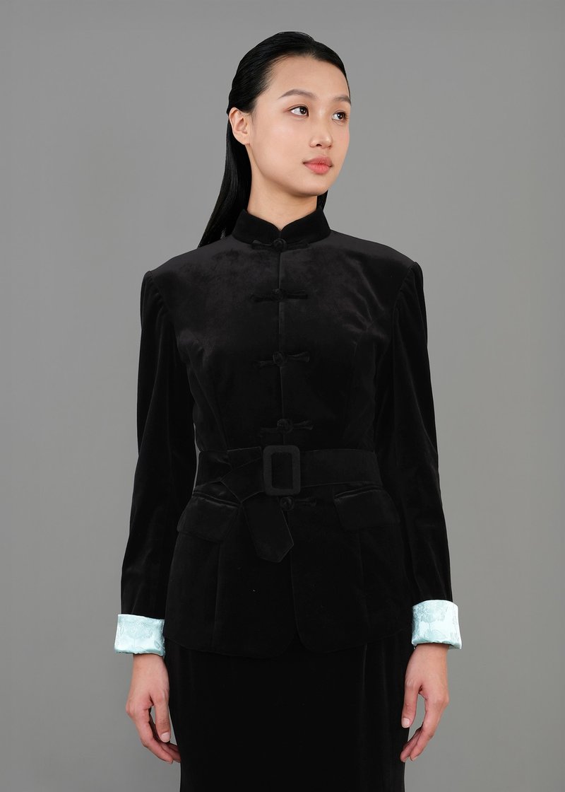 Fitted Velvet Tang Jacket w Belt  (Black) - Women's Casual & Functional Jackets - Other Materials Black