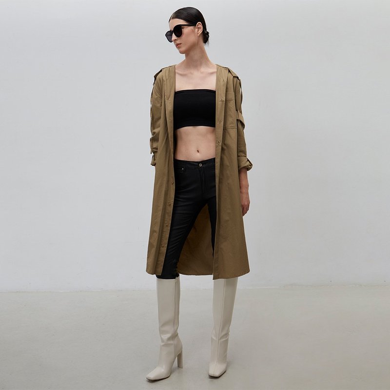 釋放-綁帶造型連帽風衣外套(卡其)│Who Cares 台灣服飾品牌 - 女大衣/外套 - 棉．麻 卡其色