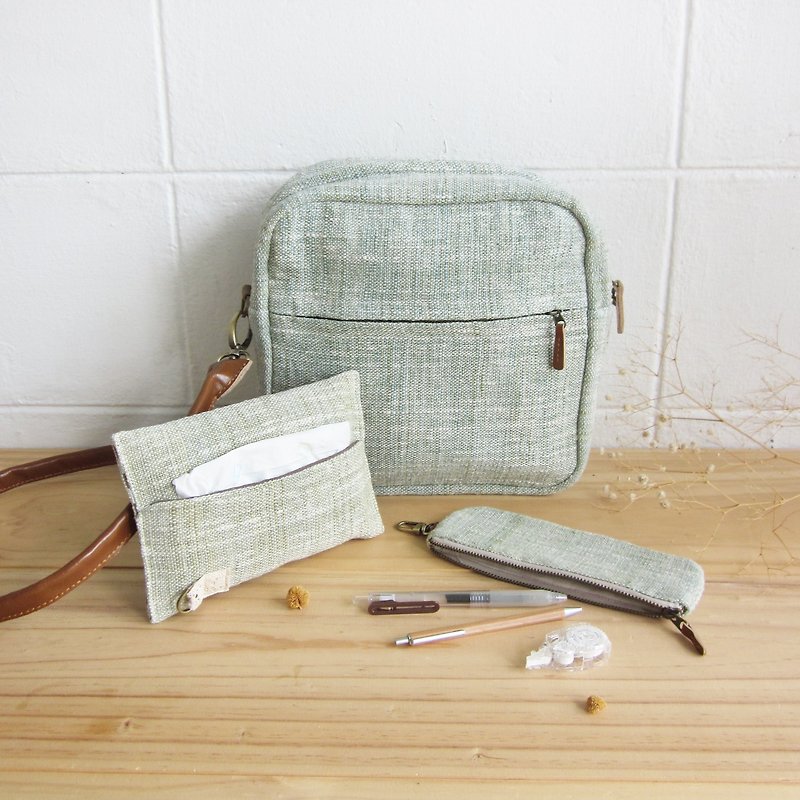 Goody Bag / A Set of Cross-body Bags Little Tan Extra Bag with Tissue Paper Case and Pencil Bag in Green Color Cotton - Messenger Bags & Sling Bags - Cotton & Hemp Green