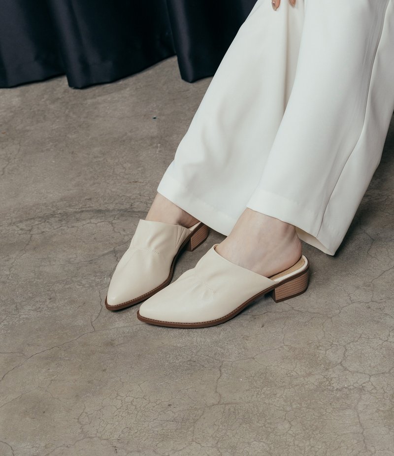 微正式-羊皮木紋粗跟拖鞋-白色 - 拖鞋 - 真皮 白色