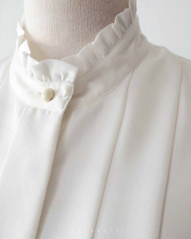 春夏日本製法式典雅復古立領長袖寬鬆白色古著襯衫 - 恤衫 - 聚酯纖維 白色