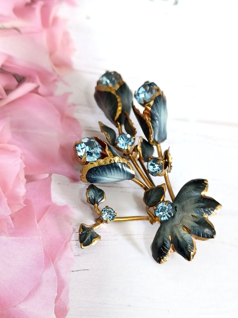 vintage jewelry  古董奧地利墨藍萊茵花卉 胸針 別針 - 胸針 - 其他金屬 
