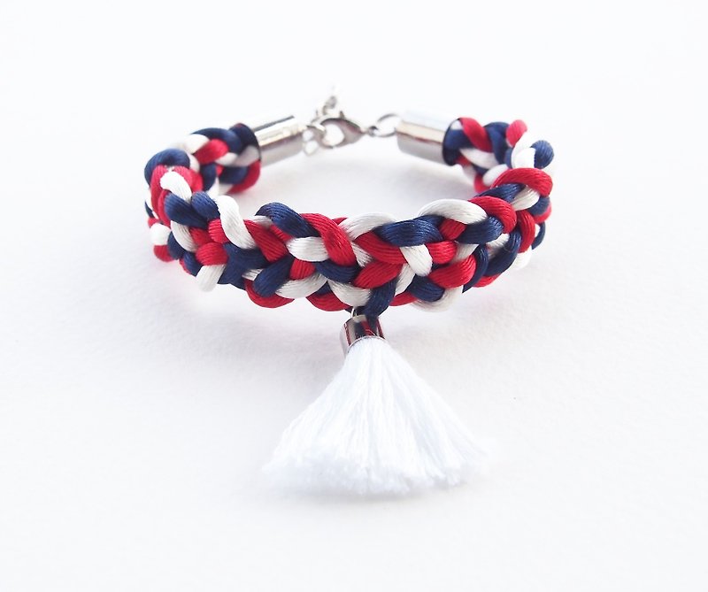 Red-white-blue braided bracelet with white tassel - Bracelets - Other Materials Blue