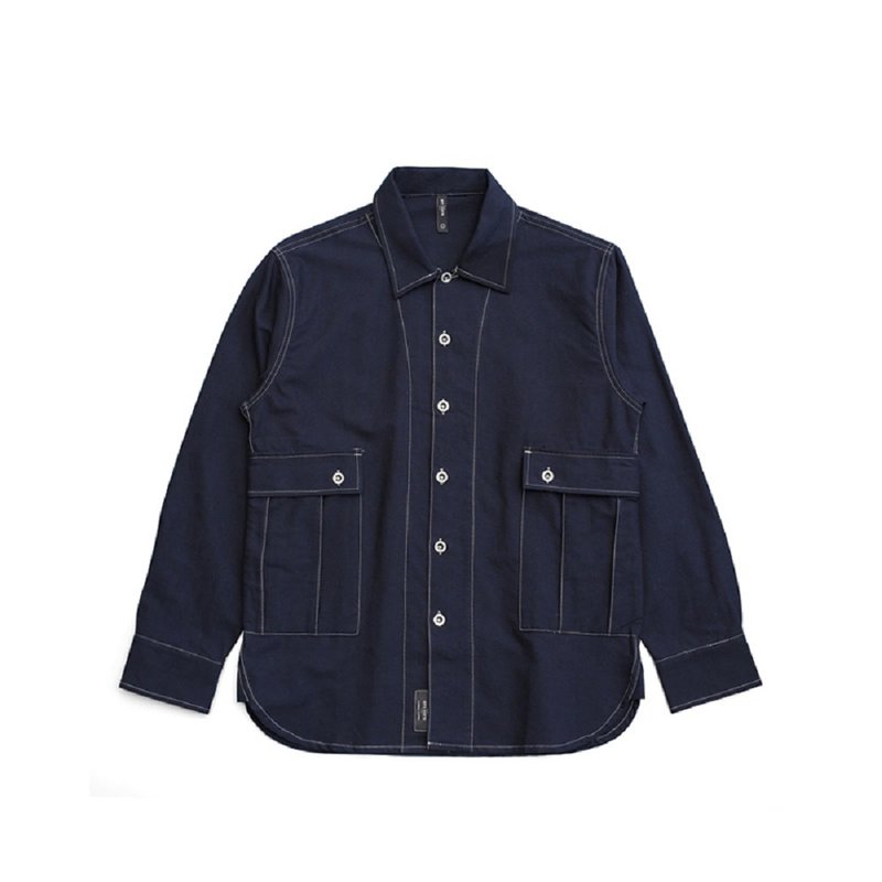 Vintage Military Style Side Pocket Long Sleeve Shirt Light Jacket - Men's Shirts - Cotton & Hemp Blue