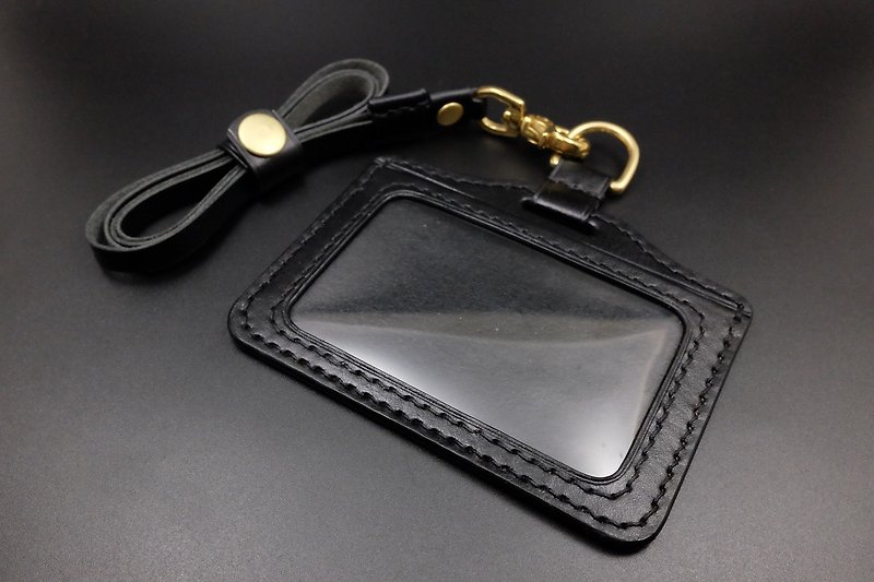 KH Hand Stained Black - Horizontal ID Holder (Card Holder, Easy You Card, ID Card Holder) - ID & Badge Holders - Genuine Leather Black