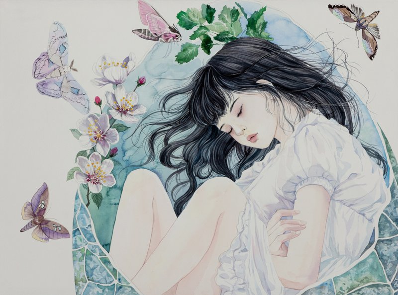 蛾之引-夢鳴/原作水彩藝術畫/藝術掛畫/精緻居家裝飾/佛教/心靈 - 海報/掛畫/掛布 - 紙 白色