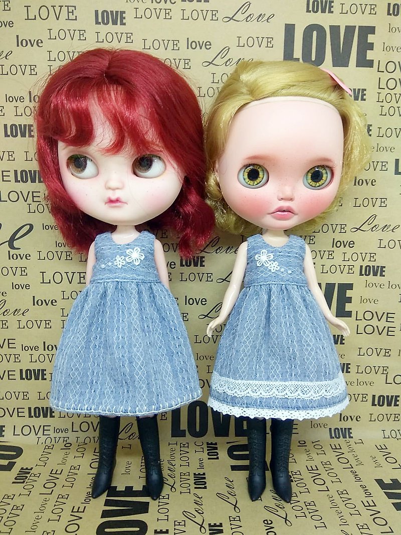 Cotton & Hemp Stuffed Dolls & Figurines Blue - Twins dress for neo blythe doll, Licca chan, Pullip.