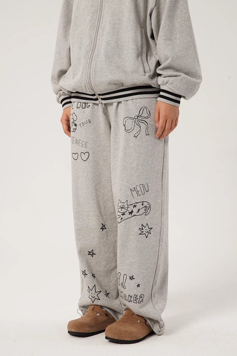 odd maker graffiti printed knitted pants retro legged wide leg pants women's loose straight thin casual pants - กางเกงขายาว - ผ้าฝ้าย/ผ้าลินิน 