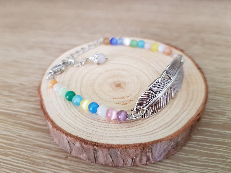 Gemstone Bracelets - Multi-Coloured Moonstone Antique Silver Feather Charm Bracelet