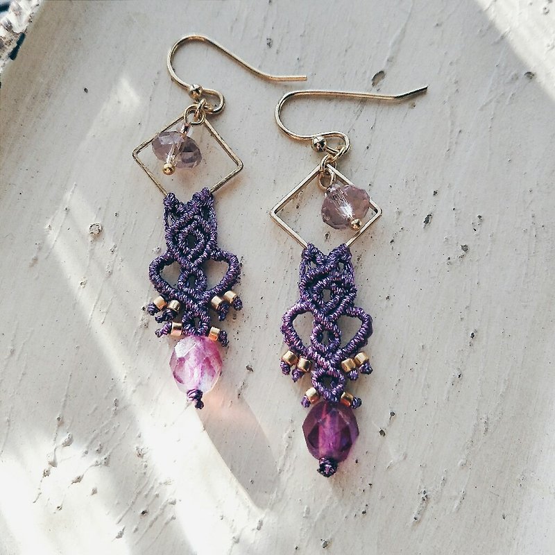 momolico  earring  macrame drop crystal - Earrings & Clip-ons - Other Materials Purple
