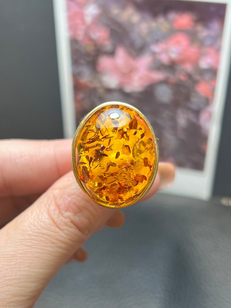 Natural Baltic Sea Flower Amber Ring No Cracks Fineness Beauty s925 Silver Gold Plated Inlaid Live Mouth Adjustable - แหวนทั่วไป - คริสตัล 