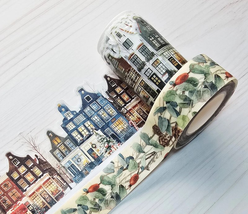 Vintage Christmas village laser cut and glitter washi tapes - 紙膠帶/和紙/PET - 紙 多色