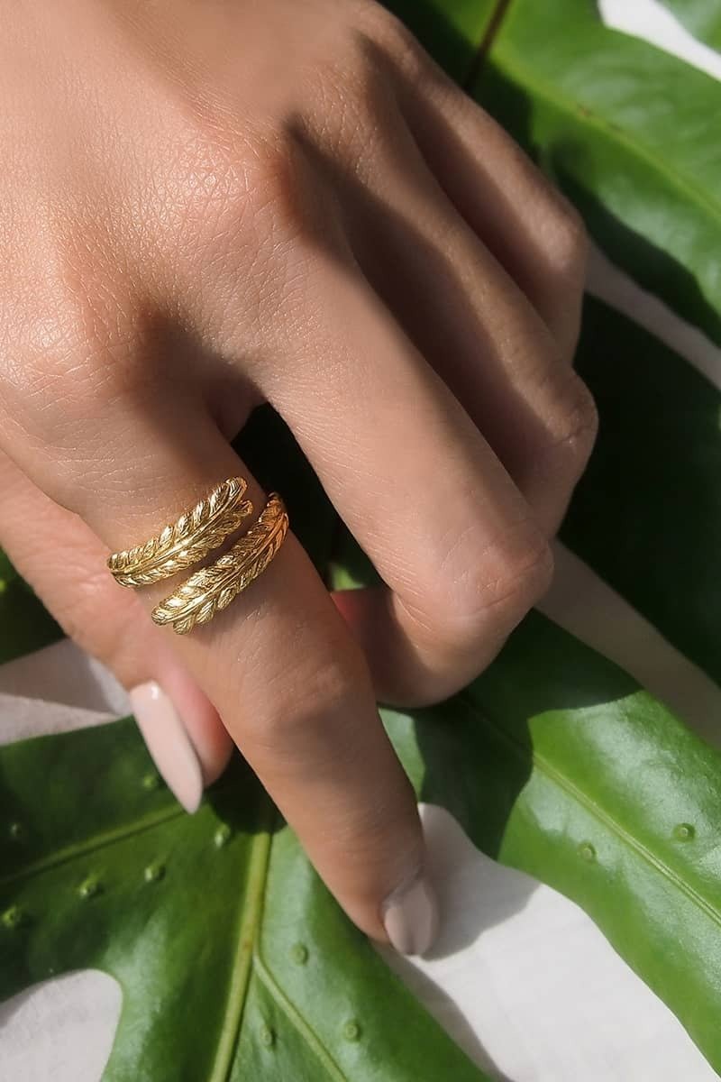 Decopia Jungle Leaf E Ring, Leaf Ring, Sterling Silver Ring. - 戒指 - 純銀 金色