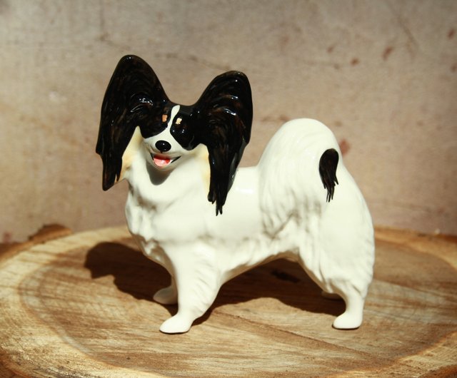 Papillon dog figurine ceramics handmade, statuette porcelain 蝴蝶