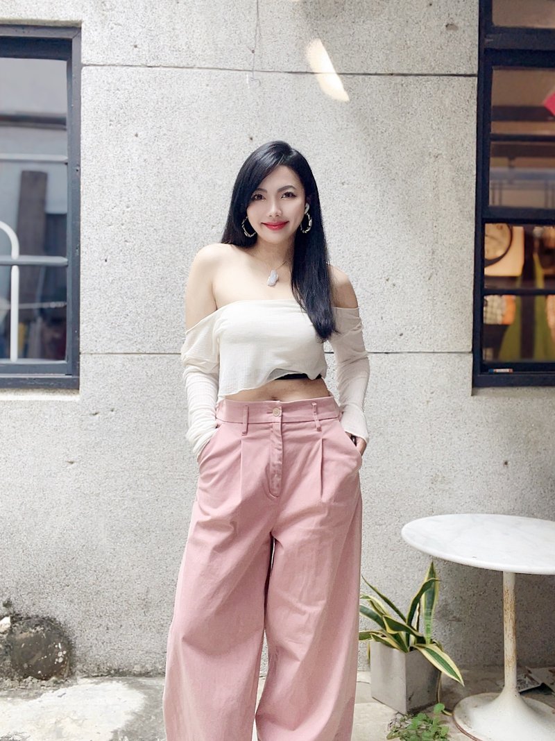 浪漫淺粉色少女A字挺版版型 古著中高腰棉質寬褲長褲 vintage - 女長褲 - 棉．麻 粉紅色