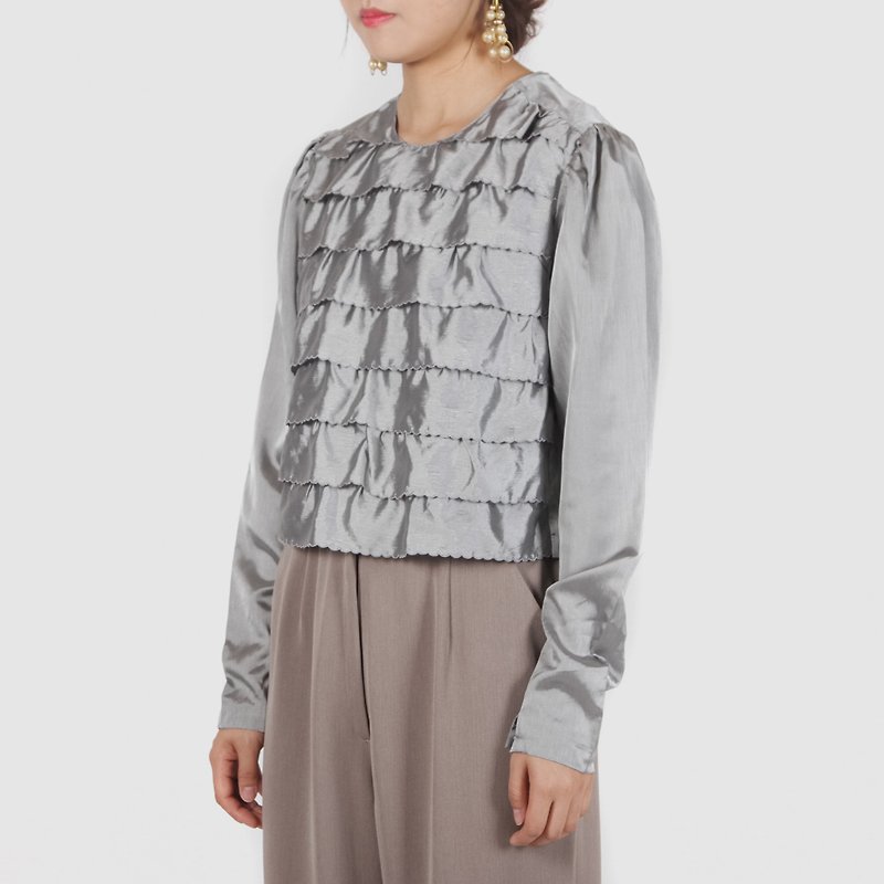 [Egg plant vintage] silver wavy satin vintage shirt top - Women's Shirts - Polyester 