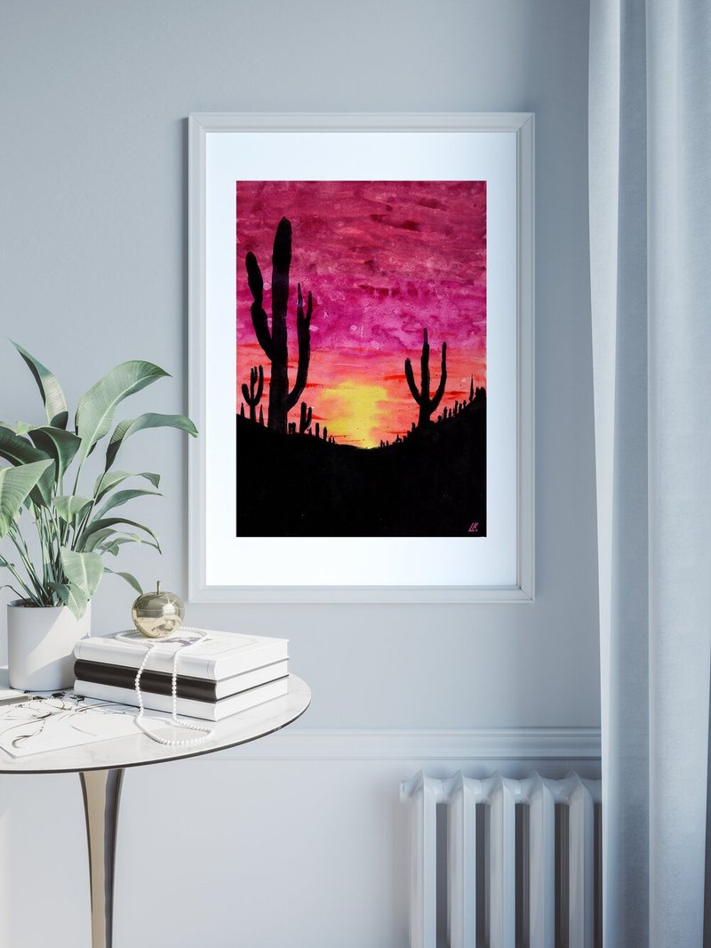 Saguaro Park Painting Cacti Original Art Arizona Desert Landscape Art - ตกแต่งผนัง - วัสดุอื่นๆ หลากหลายสี