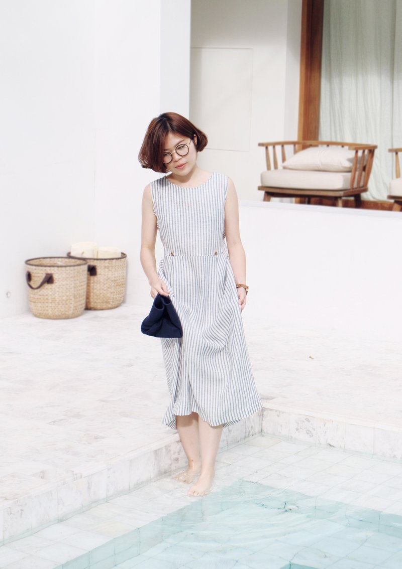 Windy-Wendy Dress : Sky line Pattern - ชุดเดรส - ผ้าฝ้าย/ผ้าลินิน สีน้ำเงิน