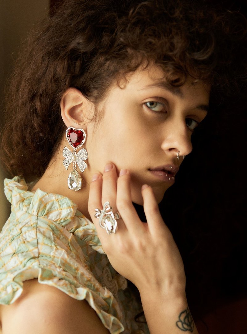Pink Opal Stone Clip Red Heart Diamond Bow Knot Stud Earrings - ต่างหู - วัสดุอื่นๆ หลากหลายสี