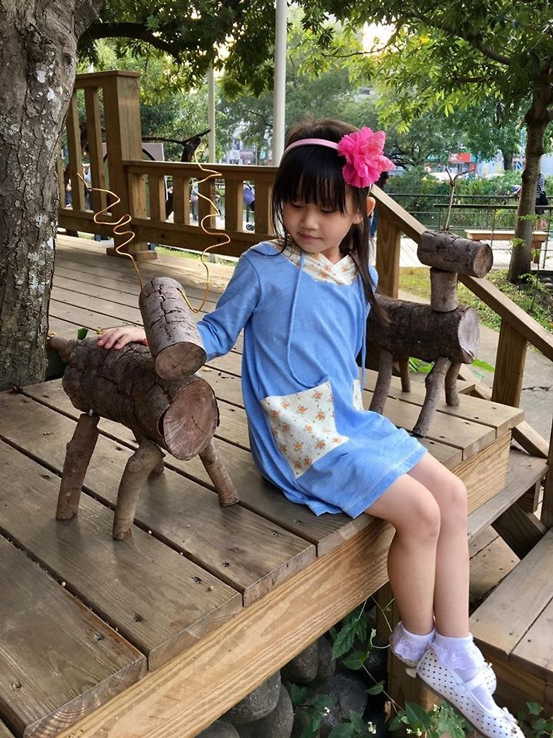 Long version of bamboo wool cap T-children's hand-made T-shirt comfortable non-toxic parent-child equipment - ชุดครอบครัว - ผ้าฝ้าย/ผ้าลินิน สีน้ำเงิน