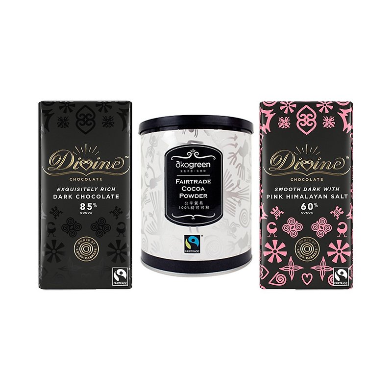 [DIVINE] Fair Trade Chocolate Cocoa Group (85% Dark Chocolate 90g + 60% Rose Salt Chocolate 90g + Eco Green Fair Trade Cocoa 300g) - Chocolate - Fresh Ingredients Brown