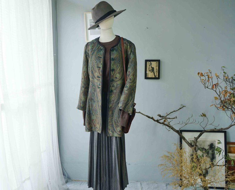 尋寶古著-Christian aujard paris森林綠復古佩斯利緹花無領外套 - 女大衣/外套 - 羊毛 綠色