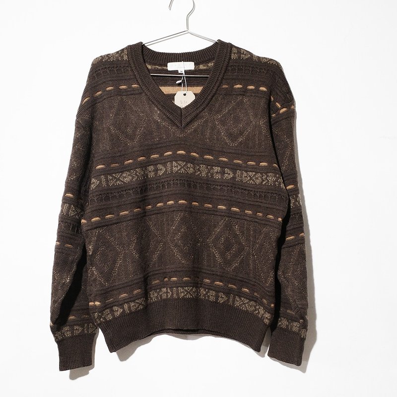 Retro sweater vintage sweater vintage sweater made in Japan 100% pure wool folk style knitted R0 - Men's Sweaters - Wool Brown