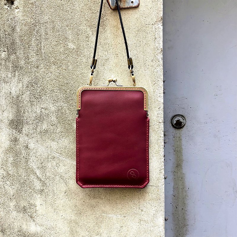 Lady leather cross-back gold mobile phone bag, mobile phone bag-red wine (iphone 12 pro max) - Phone Cases - Genuine Leather Red