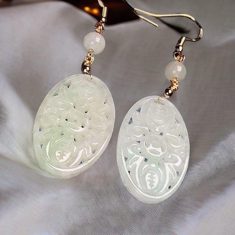 Ice Floating Flower Jade Hollow Carved Piece Earrings 14K Gold Filled | Natural Burmese Jade Grade A Jadeite | Gift - ต่างหู - หยก สีเขียว