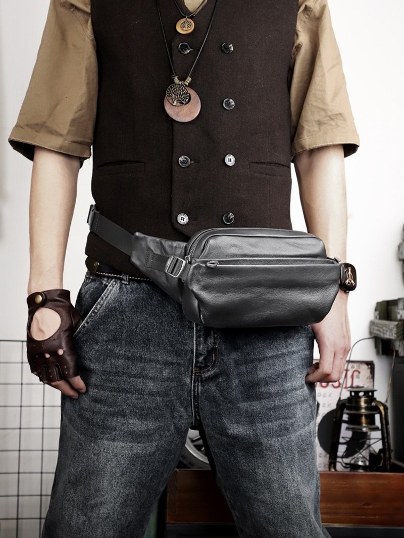 真皮胸背包/腰包 頭層牛皮斜肩包 機車風單肩包 - 側背包/斜孭袋 - 真皮 黑色