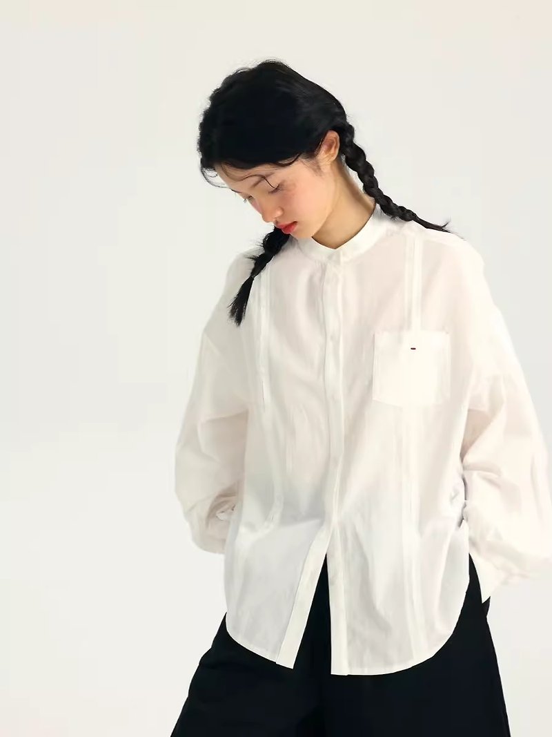 oddmaker4078 Japanese loose stand-up collar shirt for women white chic small slim casual shirt top - เสื้อเชิ้ตผู้หญิง - ผ้าฝ้าย/ผ้าลินิน 