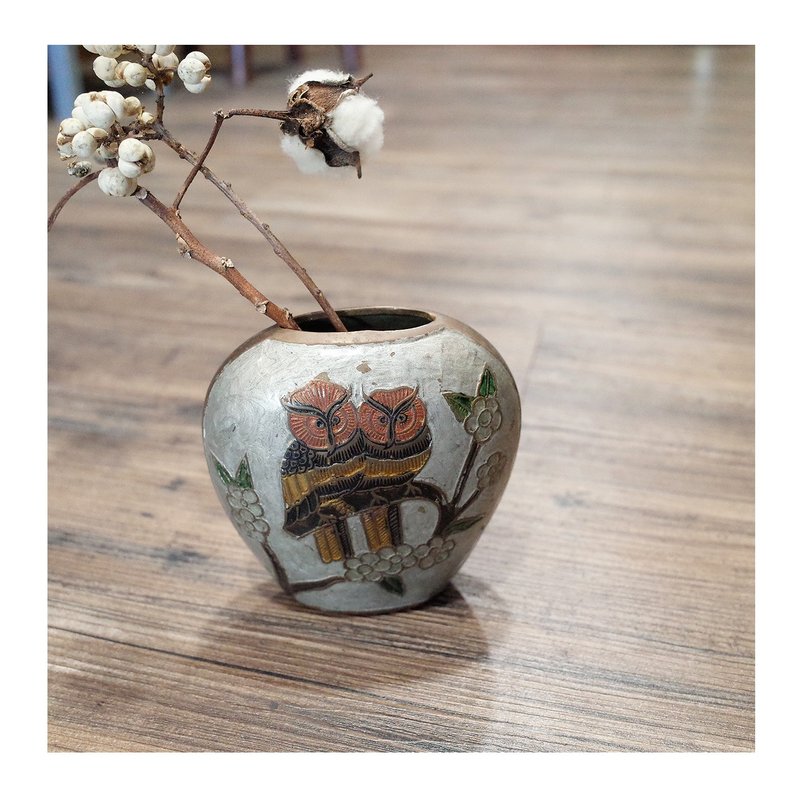 收藏自西班牙.銅製雙面琺琅釉貓頭鷹花器.花瓶.擺件.厚重有質感 - 花瓶/花器 - 其他金屬 
