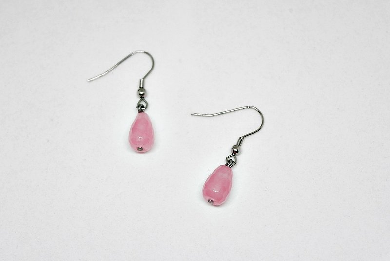 Stainless steel X natural stone hook earrings <gas powder> #玉髓 - Earrings & Clip-ons - Stainless Steel Pink