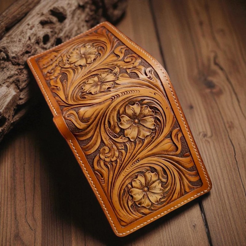 Handmade Genuine Leather Wallet – Vintage Tooled Floral Design - 錢包/皮夾/長短夾 - 真皮 咖啡色