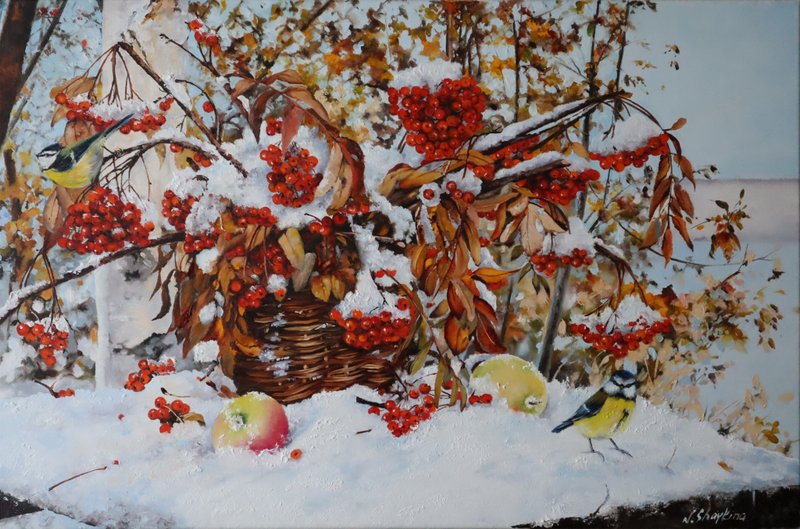 Original Oil Painting Ruby Red Berries in Snow, Frosty Branch Canvas Art - Wall Décor - Other Materials White