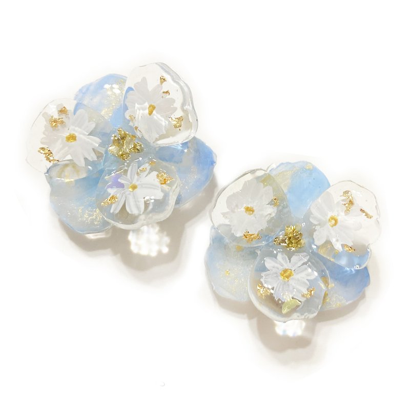 Japanese resin Transparent blue hand-painted flower earrings