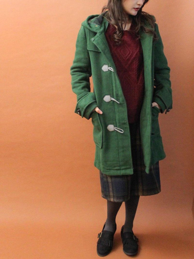 復古秋冬連帽草綠色格紋內裡寬鬆古著牛角扣大衣外套  - 女大衣/外套 - 羊毛 綠色