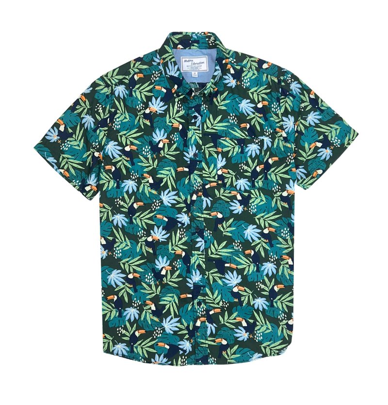 Men's Bird Print Shirt - Forest - เสื้อเชิ้ตผู้ชาย - ผ้าฝ้าย/ผ้าลินิน สีเขียว