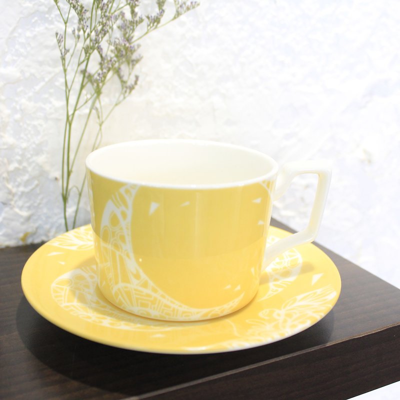 Group of bone china coffee cups on yellow tray